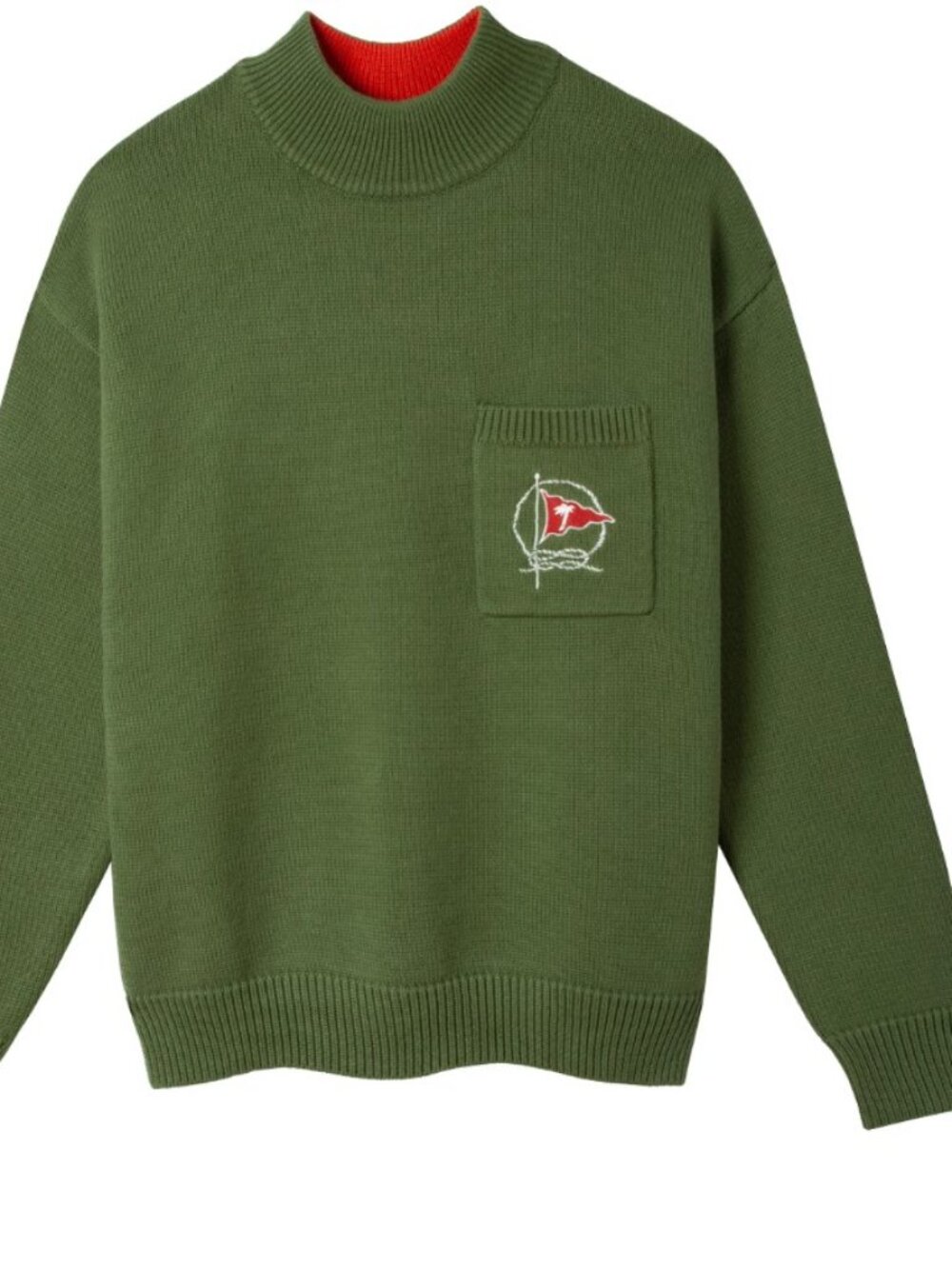 Tombolo Mariner Green Mock Neck Flag Embroidery Pocket Pullover Sweater S